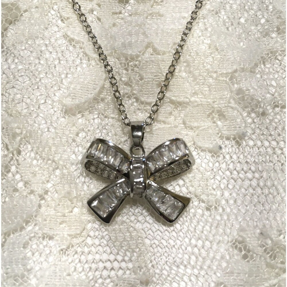 Rhinestone Bow Pendant Necklace Silver Tone Baguette Style Feminine Girly